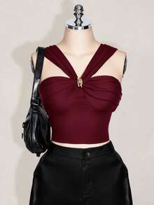 SHEIN MOD Áo thun đen cổ chữ V đính kim loại cỡ lớn, phong cách hippie, streetwear, Coachella, gợi cảm, thời trang thường ngày. - Màu Đỏ Sâu - Xem 1