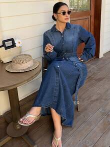 Dazy Plus Fashionable Washed Vintage Distressed Collar Open Front Cinched Waist Long A-Line Denim Dress, Spring/Autumn - Dark Wash - View 2