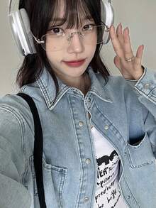 DAZY Áo sơ mi dài tay denim màu trơn dành cho nữ, áo kiểu rộng rãi, áo khoác mỏng mặc ngoài. - Rửa nhẹ - Xem 8