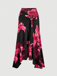 SHEIN MOD 大码高腰荷叶边不对称下摆连衣裙，黑色底，饰以浪漫的大红色花朵，中长款系带裹身裙 - 彩色 - 查看 3