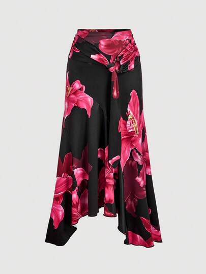  SHEIN MOD Plus Size High Waisted Ruffled Asymmetric Hem Skirt Black Printed Midi Skirt Lace Up Skirt Wrap Skirt Asymmetric Skirt Brown Lace Up Skirt