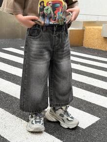Baby Boy Casual Fashion Street Daily Commute Washed Loose Wide-Leg Jeans - Light Grey - View 6