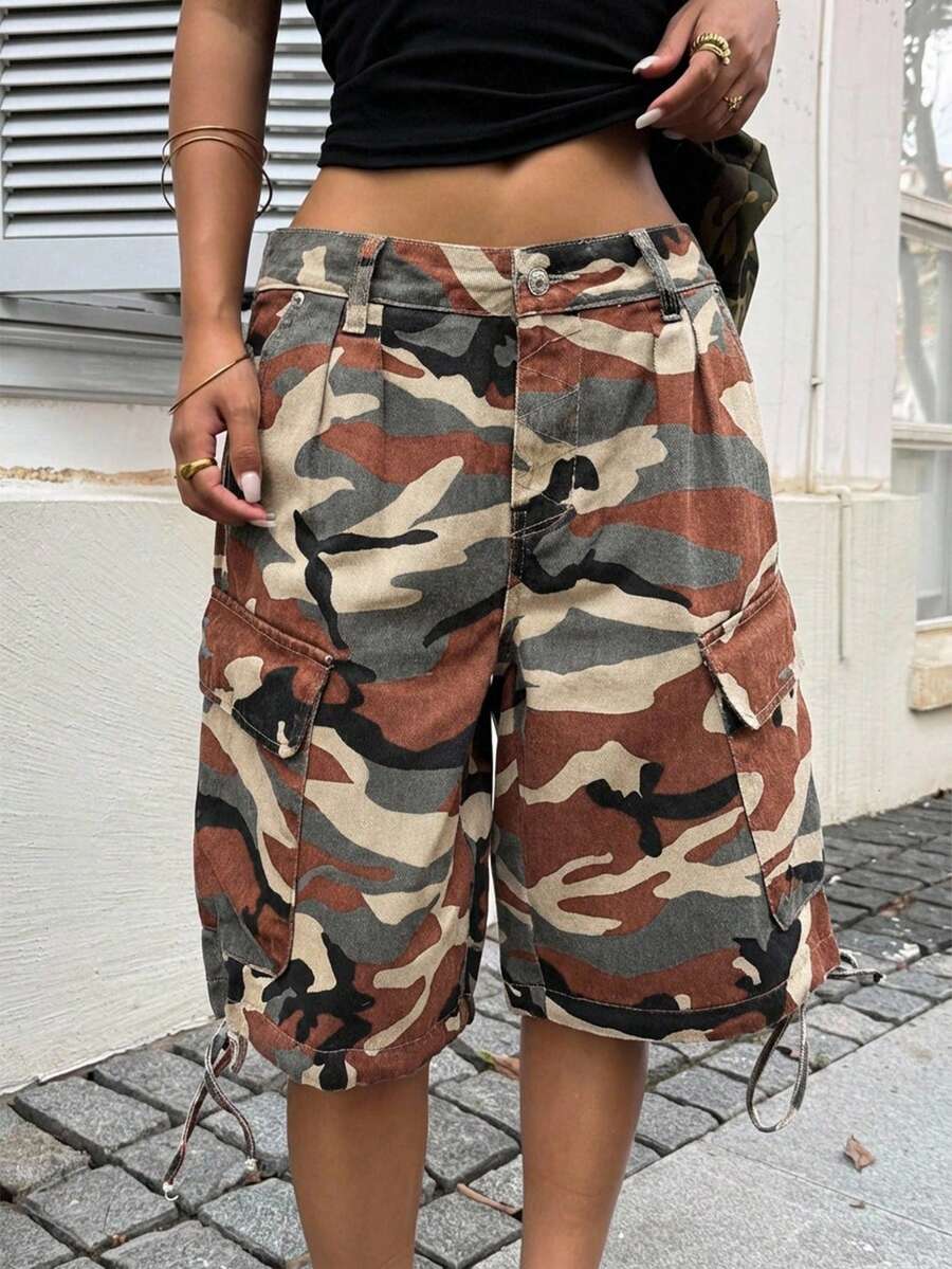 SHEIN ICON 女士工装口袋迷彩宽松休闲牛仔短裤 - 彩色 - 查看 1