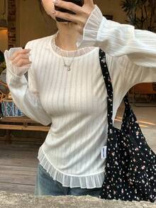 DAZY Women's Casual Solid Color Mesh Patchwork Ruffle Hem T-Shirt, Spring/Autumn,Going Out Tops For Women - White - View 2