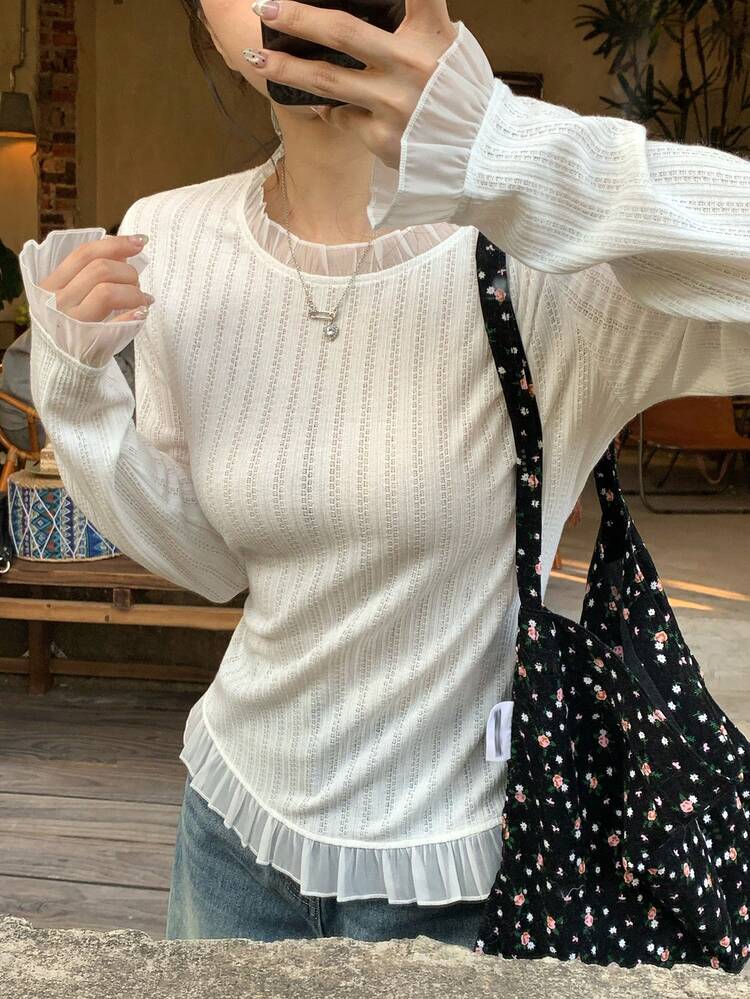 Women's Casual Solid Color Mesh Patchwork Ruffle Hem T-Shirt, Spring/Autumn,Going Out Tops For Women