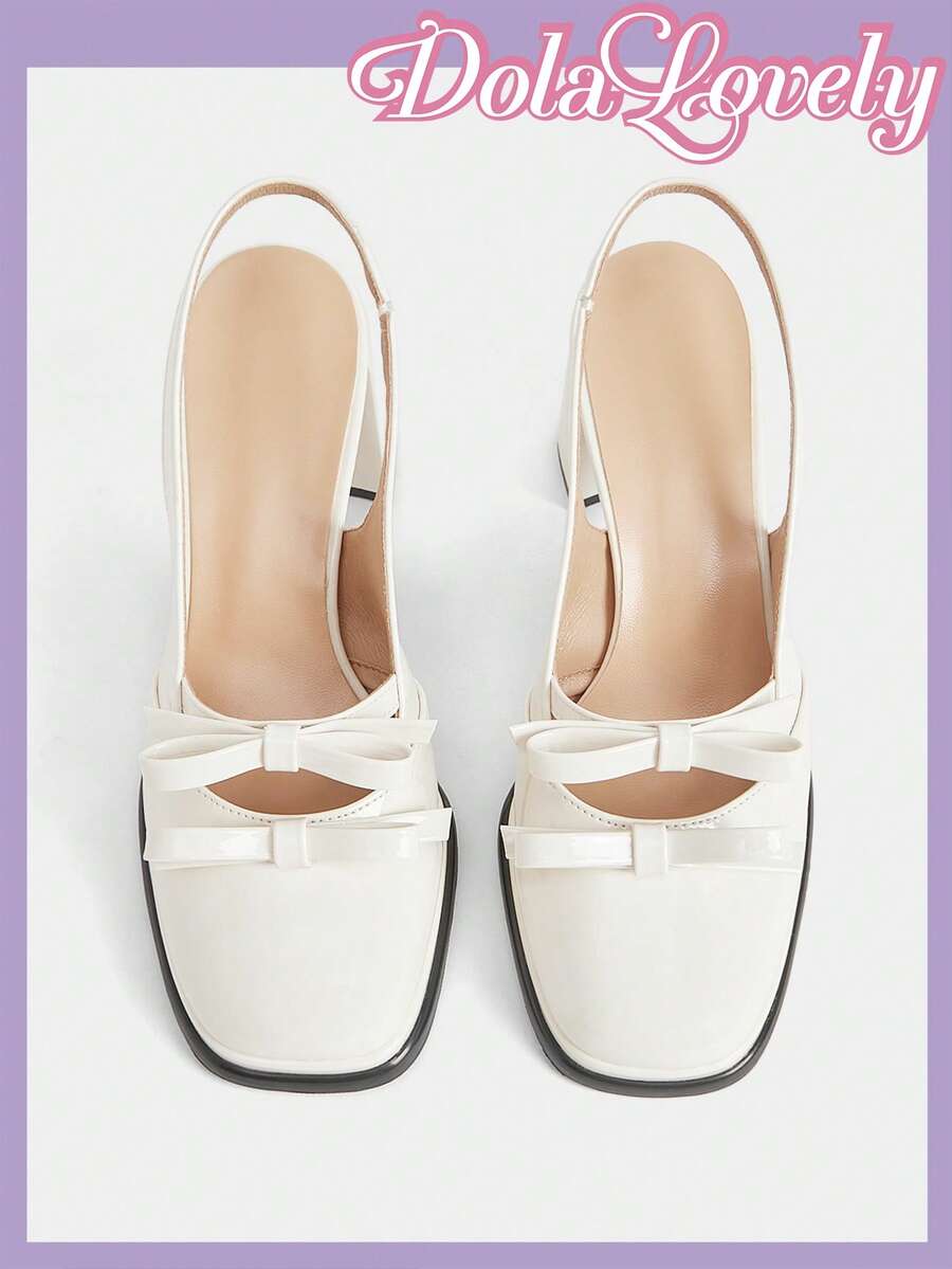 Dola Lovely 白色亮面粗跟双蝴蝶结后跟露趾高跟鞋，适合搭配JK制服、通勤、日常穿着、校园时尚，百搭，洛丽塔风格 - 白色 - 查看 1