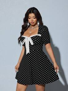 Viva Relle 大码波点性感蝴蝶结A字连衣裙 - 黑色 - 查看 2
