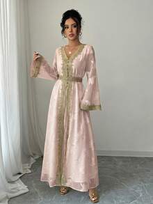 Rafferiza 女士V领长袖金色蕾丝拼接长裙 - 粉色 - 查看 3