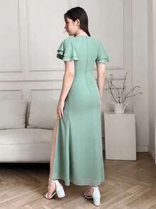 SHEIN Pitira 少女春夏新款绿色优雅荷叶边袖收腰开衩连衣裙，婚礼季正式着装 - 綠色 - 查看 2