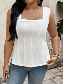 EMERY ROSE Plus Size Square Neck Tank Top, Vertical Pleats Design Flatters The Figure, Loose Fit And Comfortable Shoulder Straps - White - View 5