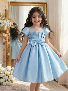 1pc Girls' Summer Blue Flower Girl Dress,Mesh Collar Short Sleeve Satin Puff Skirt With Bow Decor,Elegant Formal Party Birthday Performance Dress - Blue - View 3