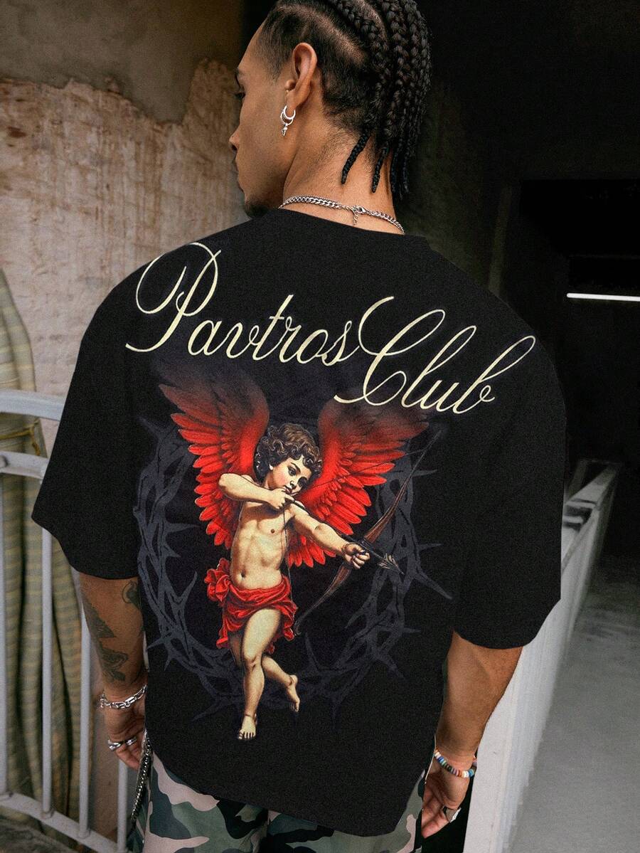 PAVTROS Tricou bărbați la modă cu imprimeu Cupidon, guler rotund, mânecă scurtă, tricouri grafice pentru bărbați, tricouri grafice pentru bărbați Y2k Pro Club, cămașă pentru bărbați, tricouri grafice crop, haine Y2k pentru bărbați, tricouri - Negru - Vizualizare 1