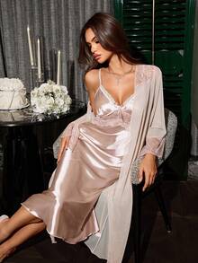 SilkySpell Elegant Satin Lace Robe Robe Women Sleepwear Set - Champagne - View 5