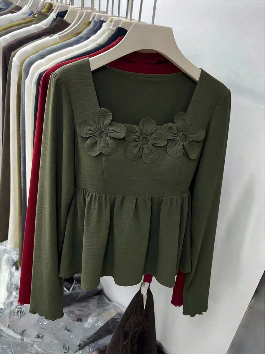 SHEIN Frenchy 大码女式方领立体花卉长袖收腰衬衫，绿色，适合各种场合。 - 綠色 - 查看 1