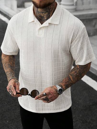 Manfinity CasualCool Men's Casual Summer Vacation & Commute Solid Color Textured Fabric Short Sleeve Polo Shirt,Men Old Money,Daily Leisure, Weekend Trips, Outdoor Activities, Travel Expeditions, Relaxed Work Environments Or Semi-Formal Occasions, Boyfriend/Husband Gift, Anniversary /Birthday Gift Party Summer Vacation Holiday,Wedding,Spring To Summer,Mardi Gras,Casual Men's Relaxed Fit Polo Tee With Textured Fabric And Short Sleeves,Men Buttoned Knitted Polo,Knit Shirt Men,Men Shirts Polo,Men's Casual Tops,College Style Pattern Polo Men