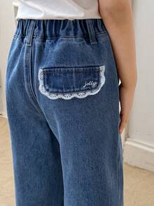 DAZY 少女字母刺绣撞色蕾丝松紧腰宽松休闲牛仔裤 - 藍色 - 查看 5
