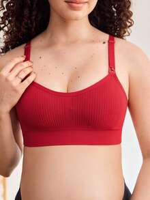 Moonlight&Mama Maternity Comfortable Breathable Solid Color Adjustable Strap Seamless Nursing Bra - Red - View 4