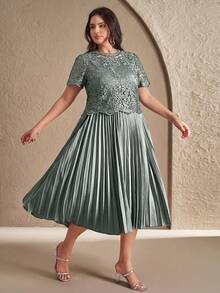 SHEIN Clasi Đầm thanh lịch cổ tròn tay ngắn xếp ly họa tiết hoa jacquard dành cho nữ cỡ lớn - Màu xanh Bạc hà - Xem 6