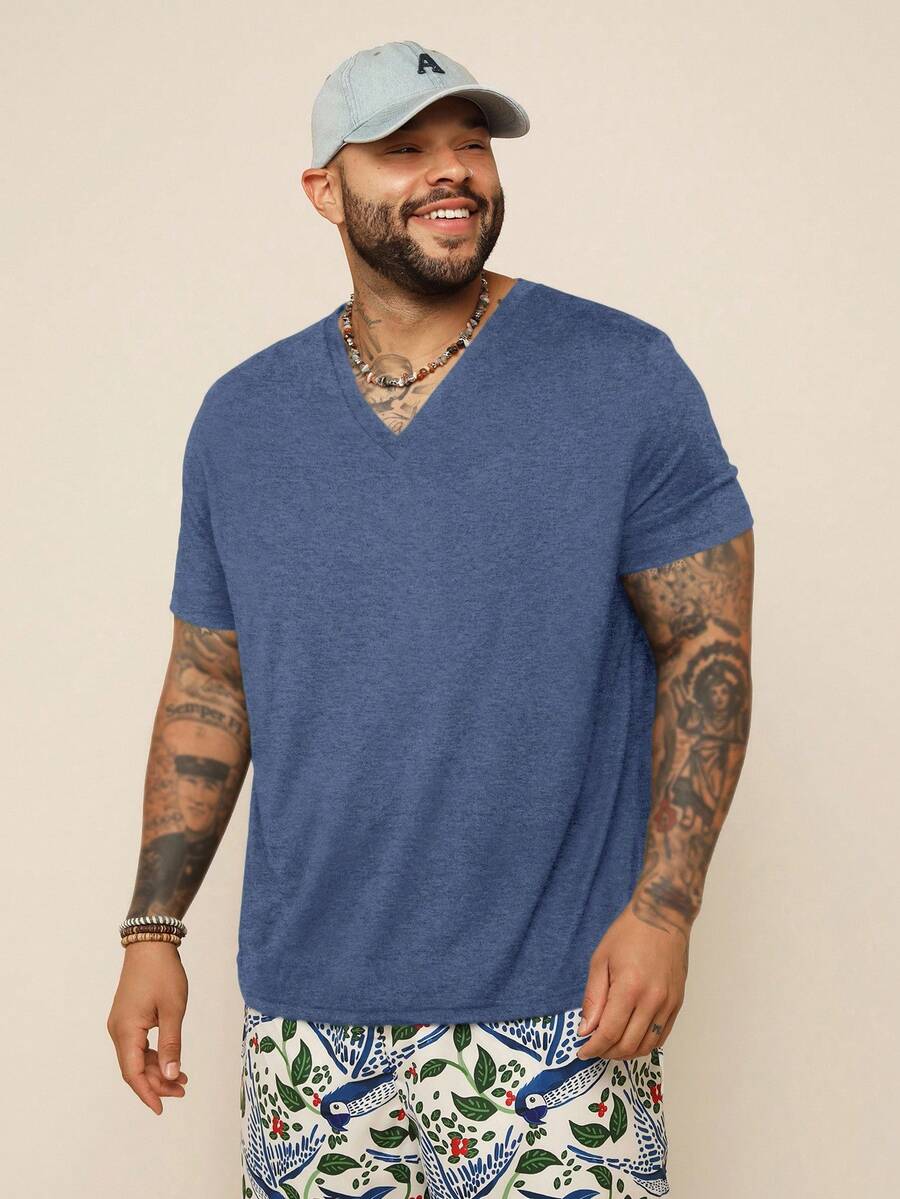 EASEVO Plus Size Men's Casual Fitted Stretch V-Neck Black Short Sleeve T-Shirt, Suitable For Summer - Blue - View 1