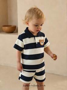 Souflis 男婴休闲可爱小熊刺绣徽章不规则条纹短袖polo衫和短裤套装，适合夏季穿着 - 黑與白 - 查看 3