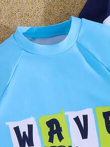 SHEIN 3pcs Kids/Tween Boys' Casual Versatile Printed Rash Guard Set, Including Crew Neck Short Sleeve Swimsuit, Long Sleeve Wetsuit, And Printed Swim Trunks - Multicolor - View 6