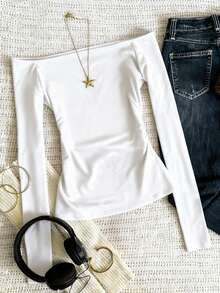 Glimmora 时尚简约露肩长袖T恤，送朋友的礼物 - 白色 - 查看 2