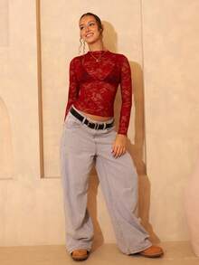 juhmazzocco Bluză sexy transparentă florală din dantelă pentru femei (decupat aleatoriu) - Maro - Vizualizare 4