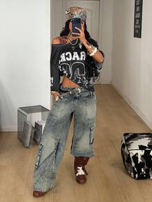 Coolane 女士夏季街头风外出休闲运动印花透气网眼宽松针织T恤 - 黑色 - 查看 6