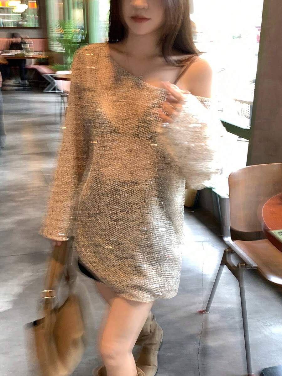 DAZY 女士时尚休闲亮片露肩网纱上衣，夏季 - 白色 - 查看 1