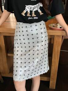 DAZY 女士优雅亮片波点蕾丝半身裙，法式高腰设计 - 白色 - 查看 5