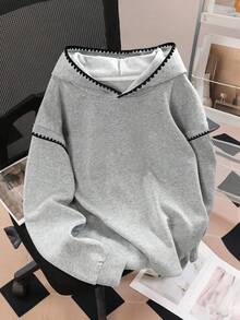 Resyla 女士休闲套头衫，秋冬新品，犬牙刺绣，灰色花卉图案，百搭优雅，返校季必备，蝴蝶结印花设计，适合约会、街头时尚摄影，大码女式卫衣，贝壳刺绣装饰 - 灰色 - 查看 2