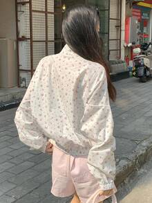 Livesso Casual Loose Ditsy Floral High Collar Women Jacket - White - View 2