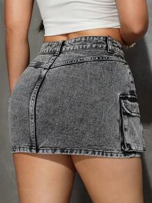 SHEIN PETITE 女士实用口袋修身休闲牛仔迷你裙 - 淺灰色 - 查看 2