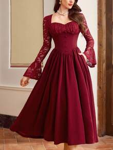 Vintamour Elegant Burgundy Women's Vintage Midi Dress,Lace Patchwork Bodice Long Sleeve Autumn Dining Party Dress With Pockets,Valentine's Day Holiday Outfit - Burgundy - View 6