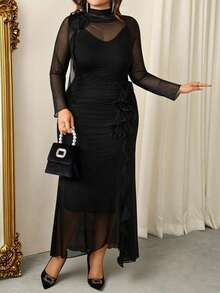 Firerie Plus Size Women Elegant Casual Vacation Vibe Ins Style Floral Decor Elastic Mesh Romantic Afternoon Tea Long Sleeve Dress, Autumn/Winter Plus Size Black Elegant Dress Long Sleeve Elegant Dress Date Night Dress Curve Black Sheer Dress Elegant Dresses For Party, Wedding, Valentine's Day, Spring Outfit Women, Spring Dress For Women - Black - View 8
