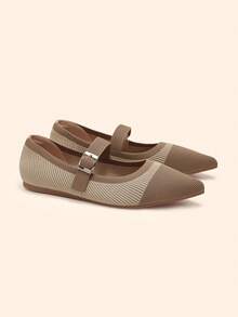 CUCCOO BASICS Pointed Toe Knit Apricot Color Buckle Comfortable Breathable Daily Commute Versatile Flat Mary Jane Shoes For Women Spring Shoes - Apricot - View 2