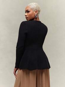 Vixey Pleated Peplum Hem Knit Ribbed Cardigan - Black - View 5