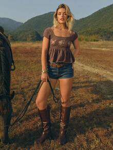 WESTFADE Floral Embroidered Pointelle Knit Square Neck Short Flutter Sleeve Peplum Babydoll Knit Top - Coffee Brown - View 5