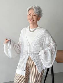 FRIFUL Women's Solid Color V-Neck Single-Breasted Hollow Casual Versatile Lightweight Cardigan For Daily Wear - White - View 7
