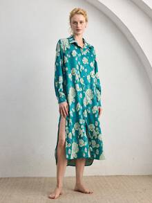 Ocili Women's Jacquard Collar Single-Breasted Casual Everyday Loungewear Nightgown Dress - Dark Green - View 1