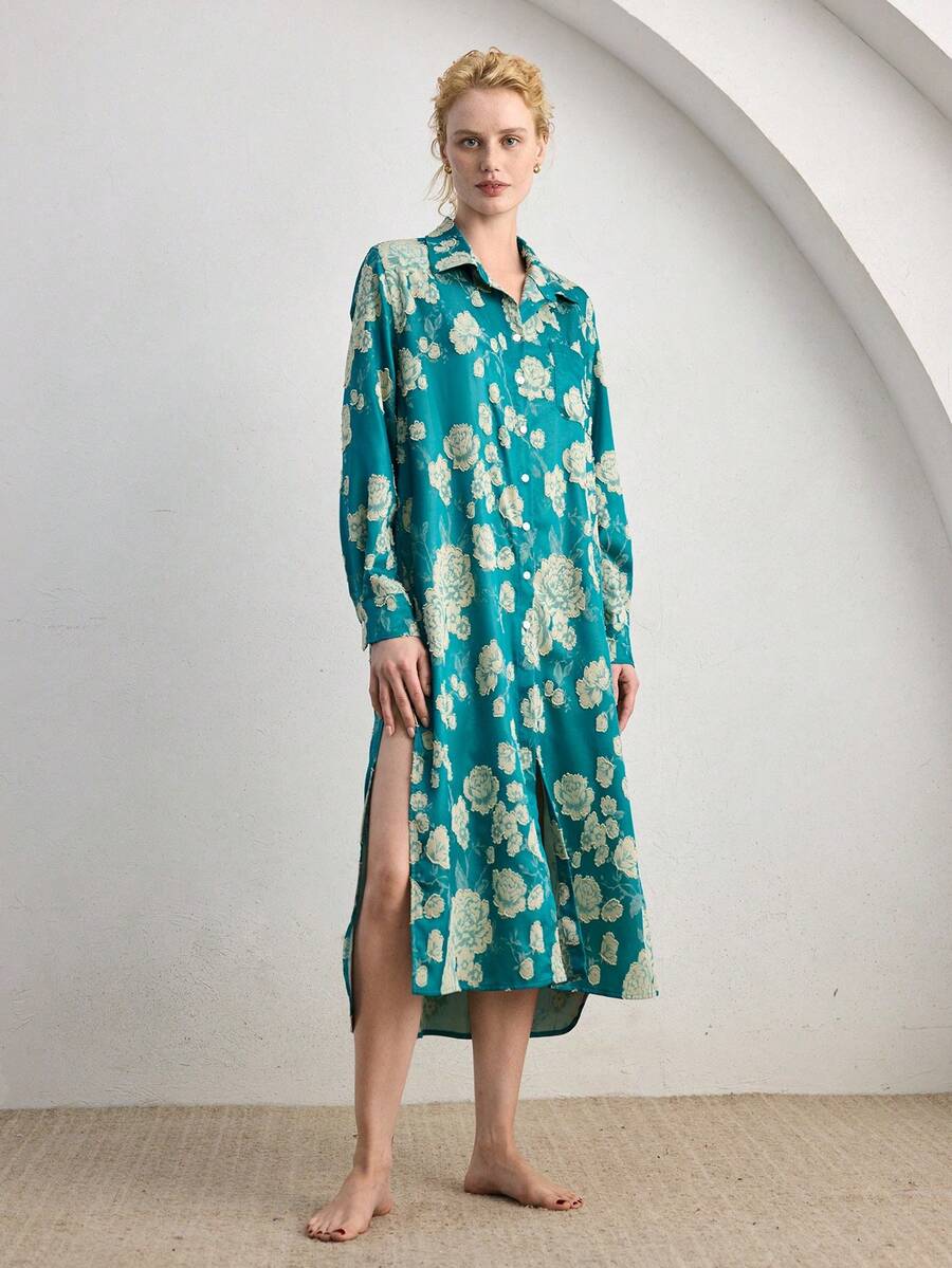 Ocili Women's Jacquard Collar Single-Breasted Casual Everyday Loungewear Nightgown Dress - Dark Green - View 1