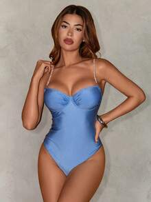 Bonvoyette 1件装女士水钻挂脖褶皱连体泳衣 - 淺藍色 - 查看 5