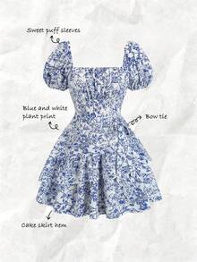Olithes Women's Elegant Casual Minimalist Square Neck Puff Sleeve Cinched Waist Short Printed Vacation Dress, Summer - Blue and White - View 1
