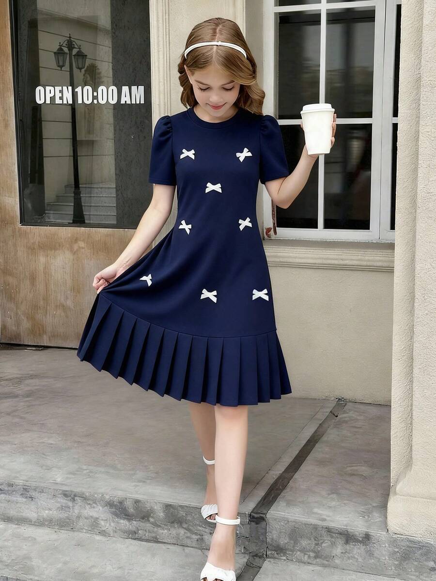 1 chiếc váy xếp ly tay ngắn trang trí nơ 3D cho bé gái tuổi mới lớn, dáng rộng, mùa xuân/hè, ngày lễ, mùa hè, du lịch - Xanh đậm - Xem 1