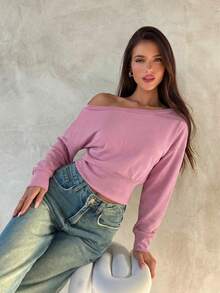Aloruh Apricot Knit Asymmetric Shoulder Long Sleeve Top For Women, Autumn/Winter - Pink - View 7