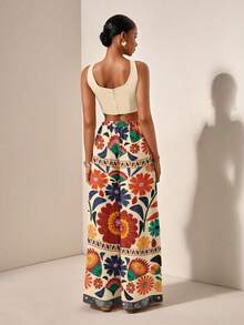 Zivah Estilo de vacaciones casual Conjunto de 2 piezas de top de tirantes finos y pantalones de pierna ancha con bolsillos, con estampado geométrico retro, de tela texturizada, adecuado para vacaciones - Multicolor - Ver 2