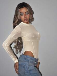 SHEIN ICON Mock Neck High Cut Mesh Black Bodysuit - Apricot - View 5
