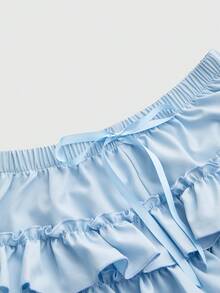 ROMWE Kawaii Women's Casual Solid Color Elastic Waist Bow Tie Ruffle Hem Shorts, Summer - Baby Blue - View 3