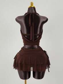 SaltGleam SaltGleam Women Metal Buckle Decor Draped Neck Top And Side Drawstring Double Layer Ruffle Mini Skirt 2 Pieces Set - Brown - View 2