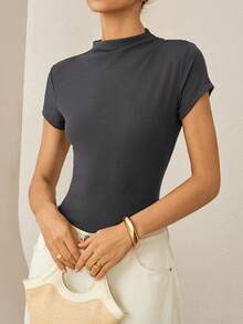 Lymera Spring/Summer New Fashion Casual Grey Minimalist Soft Smooth Ribbed Asymmetric Ruched Turtleneck Short Sleeve T-Shirt - Grey - View 7